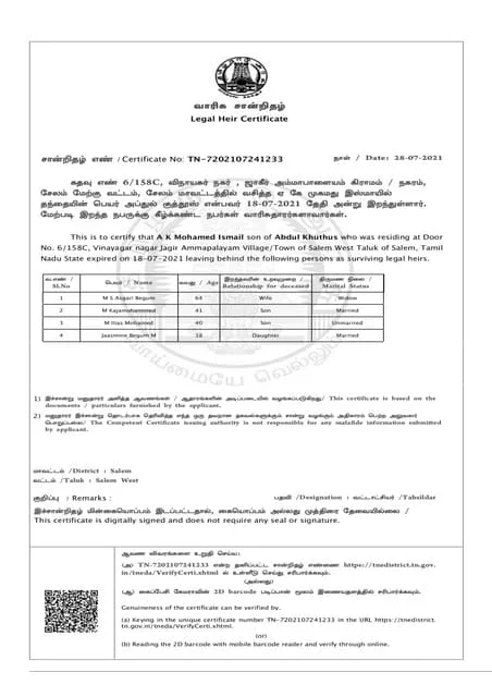 Sample legal heir certificate issued in Chennai Tamil Nadu
