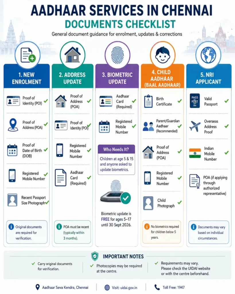 Checklist graphic comparing documents needed for Aadhaar enrolment, updates, and corrections in Chennai