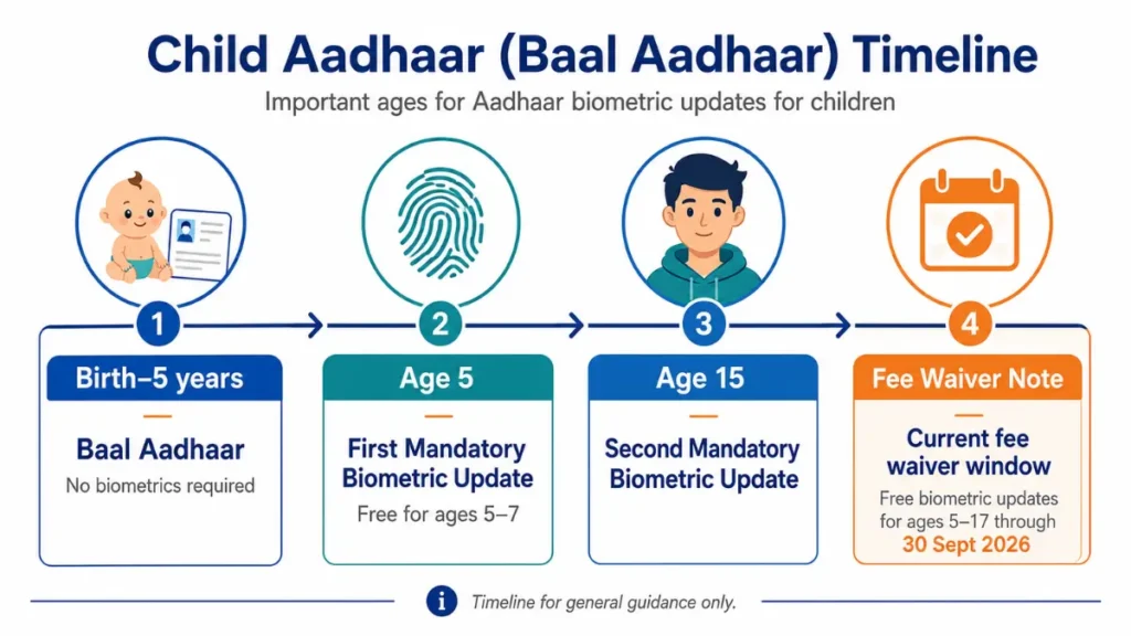 Timeline graphic showing Baal Aadhaar and the two mandatory biometric update ages for children