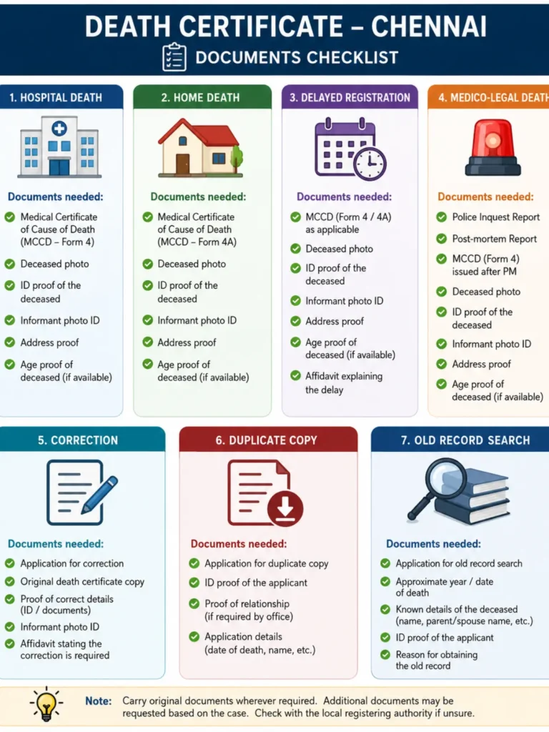 Checklist graphic comparing documents needed for hospital death, home death, delayed registration, medico-legal death, and duplicate copies of a Chennai death certificate