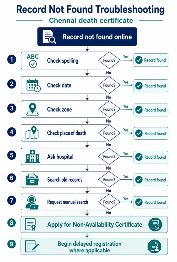 Troubleshooting flowchart for when a Chennai death certificate record is not found online