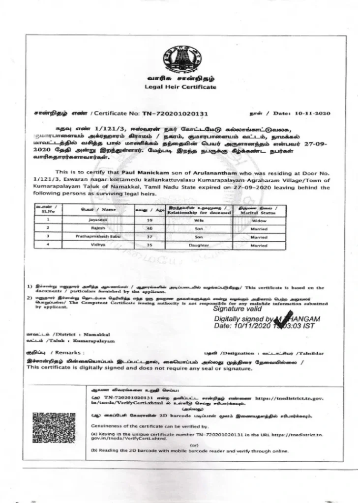 NRI Legal Heir Certificate in Chennai